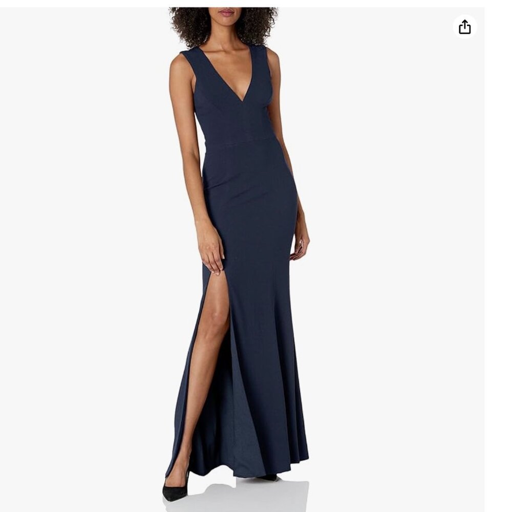 Dress the Population Size Small Sandra V-Neck Full Length Maxi Gown in Navy
